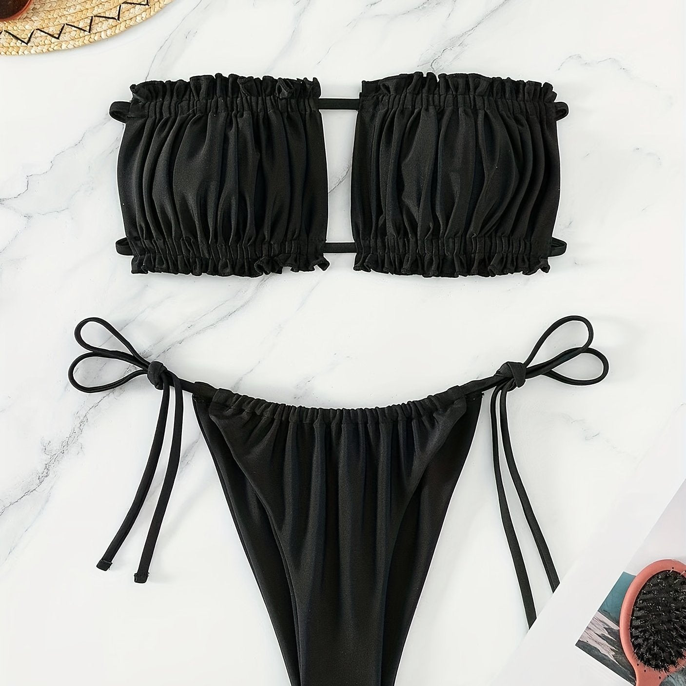 Ruched Bandeau Bikini Set – Adjustable Tie-Side & High Cut