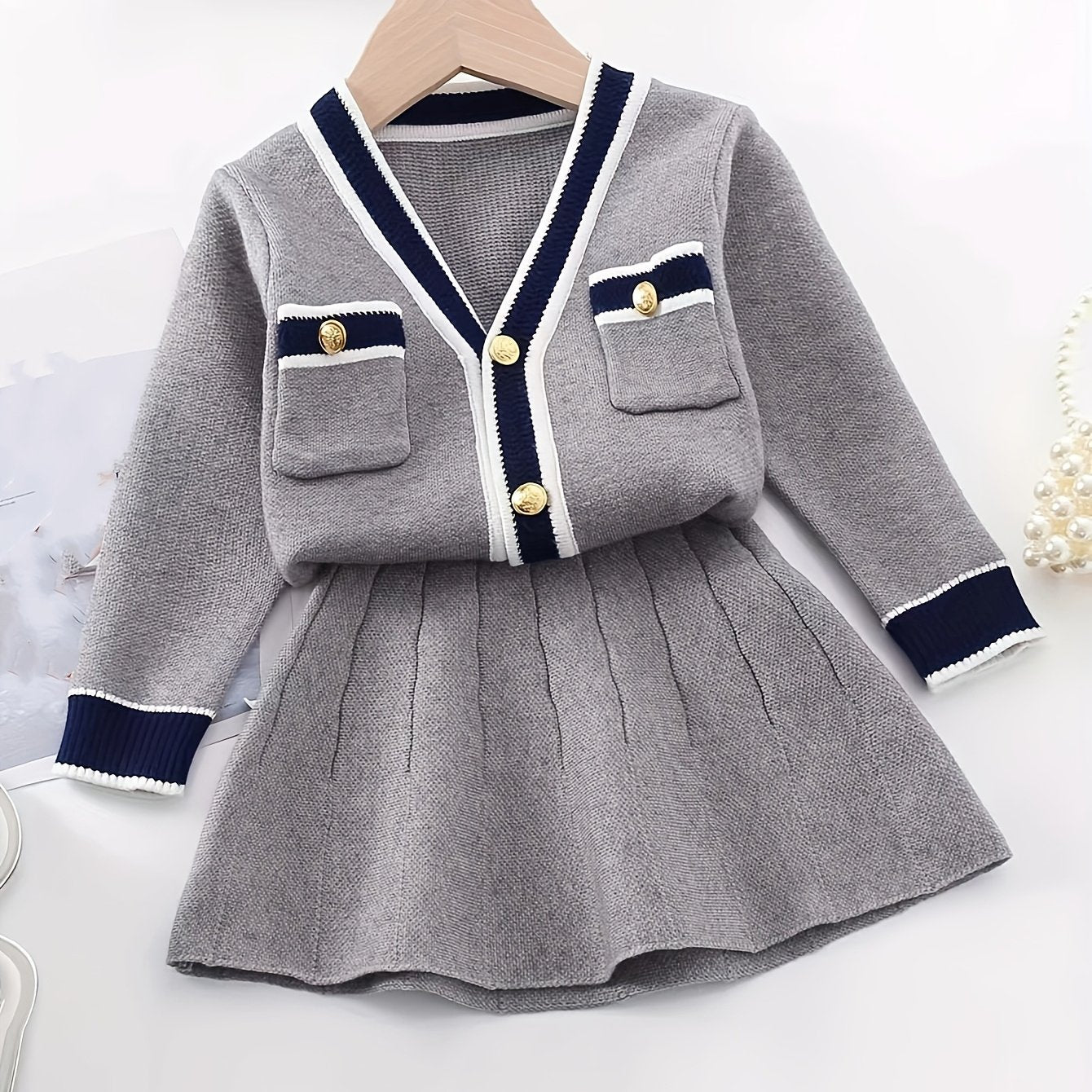 Girls’ Preppy Knit Cardigan & Skirt Set – V-Neck Button-Up Two-Piece Outfit