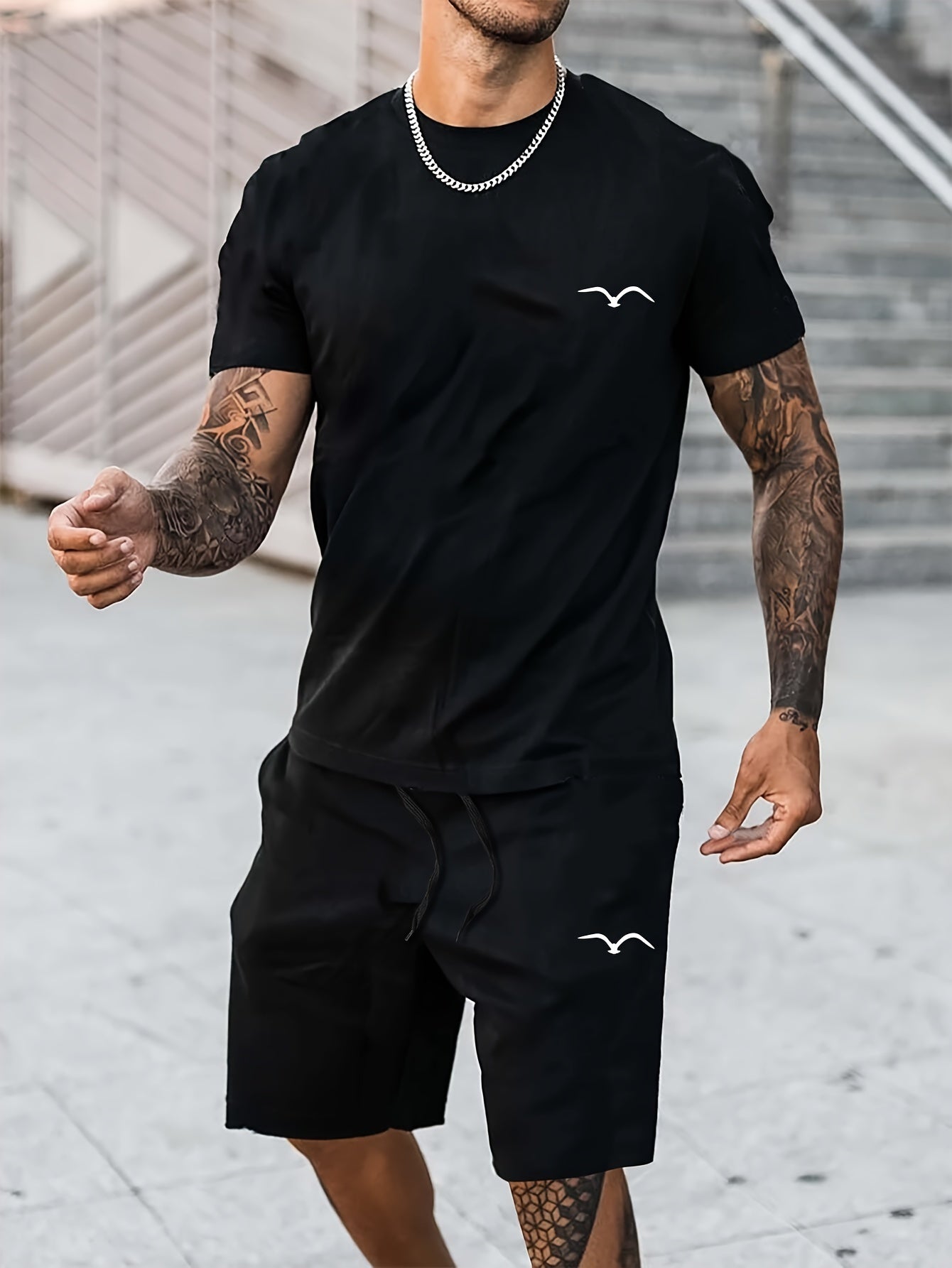 Seagull Graphic Loungewear 2 Piece Set – Comfortable Crew Neck & Shorts for Summer