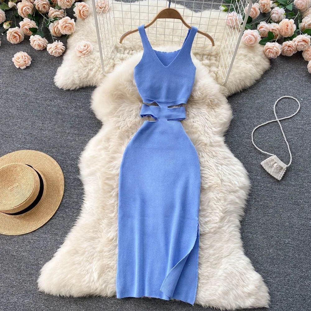 Sexy Cut Out Waist Package Hips Split Bodycon Dress Summer Fashion Lady Knitted Sundress