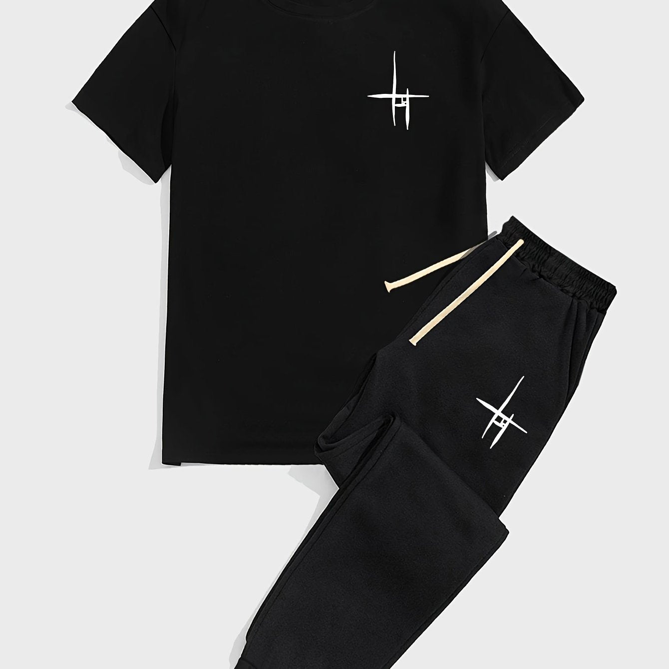 Casual 2-Piece Fashion Set – Patterned Tee & Drawstring Pants