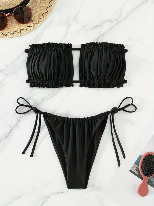 Ruched Bandeau Bikini Set – Adjustable Tie-Side & High Cut