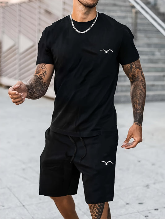 Seagull Graphic Loungewear 2 Piece Set – Comfortable Crew Neck & Shorts for Summer
