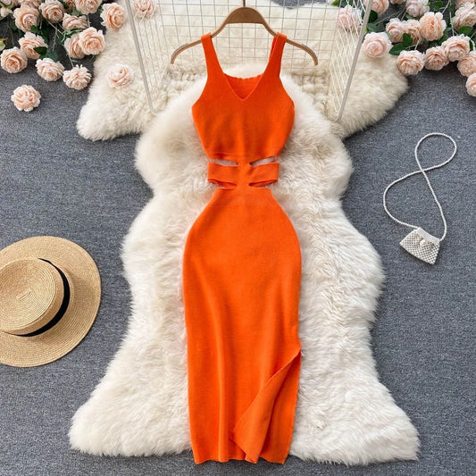 Sexy Cut Out Waist Package Hips Split Bodycon Dress Summer Fashion Lady Knitted Sundress