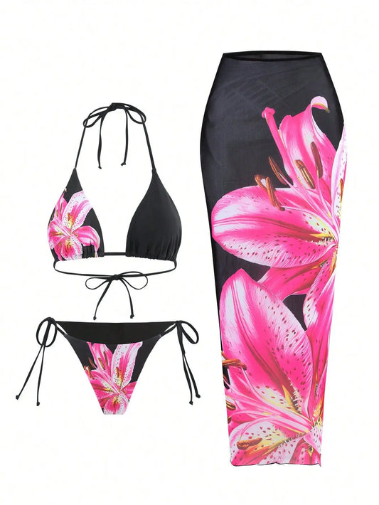 Slay & Swim 3 Piece Bikini Sets Women's High Waist Long Skirt