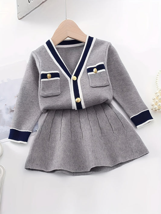 Girls’ Preppy Knit Cardigan & Skirt Set – V-Neck Button-Up Two-Piece Outfit